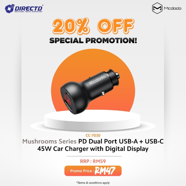 Picture of MCDODO Mushrooms Series PD Dual Port USB-A + USB-C 45W Car Charger with Digital Display
