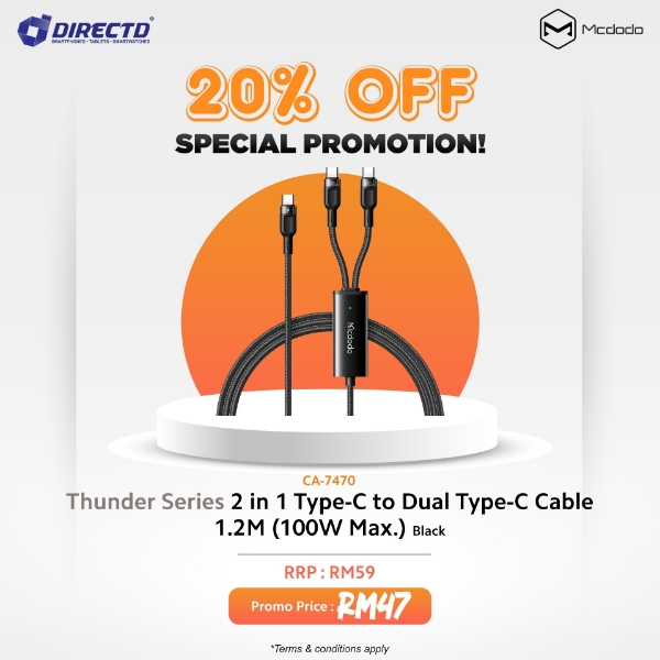 Picture of MCDODO Thunder Series 2 in 1 Type-c to Dual Type-c Cable 1.2M (100W Max.)