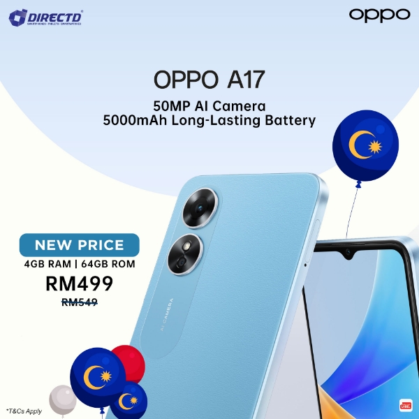 DirectD Retail & Wholesale Sdn. Bhd. - Online Store. OPPO A17 [4GB + 4GB  Extended RAM, 64GB ROM] 50MP AI Camera